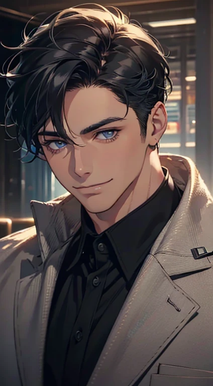 a mature man with short grey Black hair, blue eyes, 31 years, and a perfect face, smiling in love, CEO, cinematic lighting, 1:4 HDR image, top view, ultra detailed, best quality, masterpiece, 8K, photorealistic, beautiful image