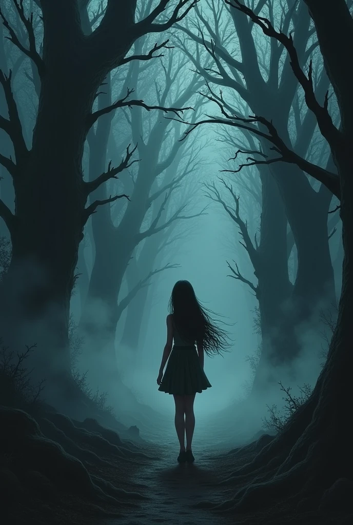 A young woman stands at the entrance of a terrifying forest.