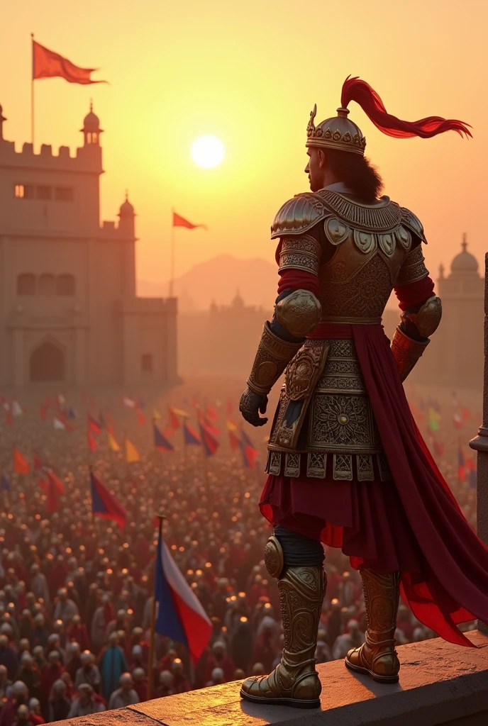 in 3d ,"Picture Prithviraj Chauhan, in royal armor, standing on the walls of a grand fortress, watching as the combined forces of the Chalukyas and Chauhans prepare to march towards war, their banners flying high under the blazing sun, united against Muhammad Ghori’s advancing army."