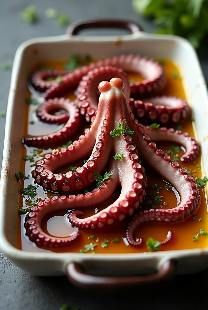 (create a food image of a ceramic tray with octopus in olive oil)
