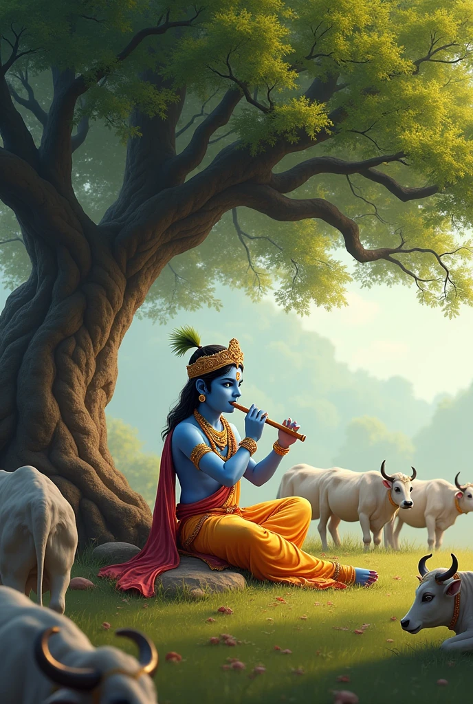 Krishna ji playing flute while sitting in the ground under the tree and 7 cows are grazing arround him.