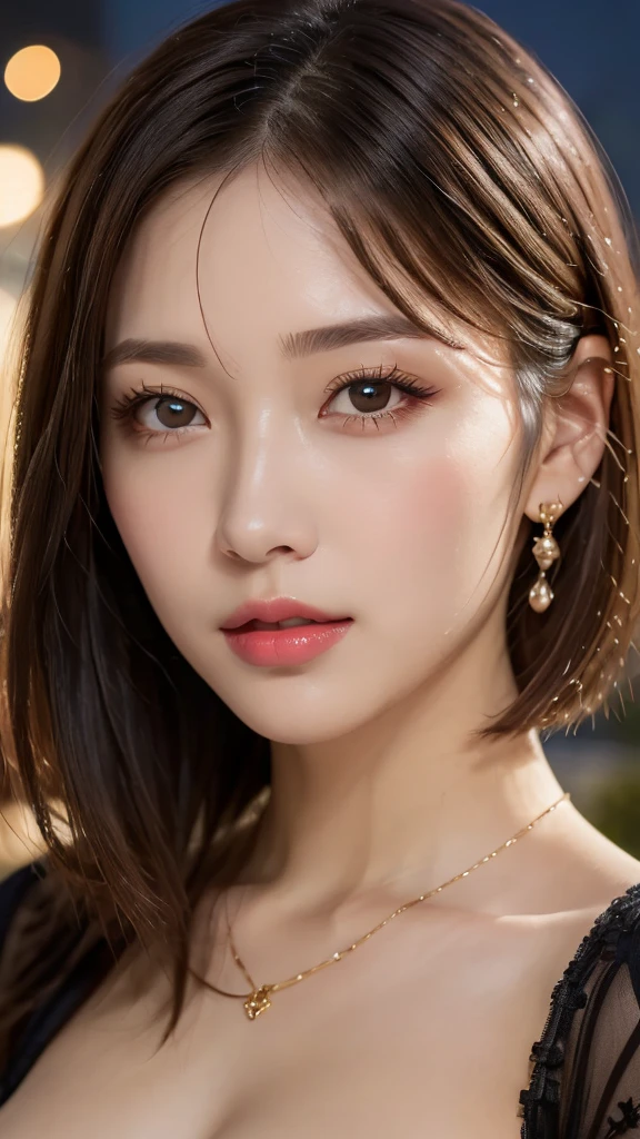 (Photorealistic, 32k, RAW photo, best quality:1.4), (masterpiece:1.3), (ultra high resolution, ultra realistic, highly detailed, golden ratio, ultra detailed), 1 beautiful woman, natural makeup, intricate cloth texture, finely detailed hair texture, beautiful full-body, perfect female form, anatomically accurate, highly detailed face and skin, (elegant hands), (realistic skin), (beautiful pale skin:1.1), (extreme close-up:2.0), (Oversized Breasts), (Wearing Party Dress:1.5), (Tiara, Earrings, Pendant),
BREAK,
realistic eyes, captivating detailed eyes, symmetric eyes, light brown eyes, double eyelids, thin eyebrows, (glossy lips:1.4), (kissable expression, blush:1.3),
BREAK,
((short bob cut, dark brown hair, bangs:1.2)), (Late Night, Moonlit night, Castle balcony:1.3)