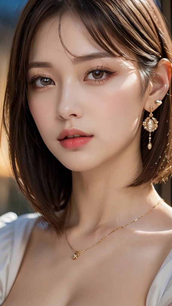(Photorealistic, 32k, RAW photo, best quality:1.4), (masterpiece:1.3), (ultra high resolution, ultra realistic, highly detailed, golden ratio, ultra detailed), 1 beautiful woman, natural makeup, intricate cloth texture, finely detailed hair texture, beautiful full-body, perfect female form, anatomically accurate, highly detailed face and skin, (elegant hands), (realistic skin), (beautiful pale skin:1.1), (extreme close-up:2.0), (Oversized Breasts), (Wearing Ball Gown:1.5), (Tiara, Earrings, Pendant),
BREAK,
realistic eyes, captivating detailed eyes, symmetric eyes, light brown eyes, double eyelids, thin eyebrows, (glossy lips:1.4), (kissable expression, blush:1.3),
BREAK,
((short bob cut, dark brown hair, bangs:1.2)), (Late Night, Moonlit night, Castle balcony:1.3)