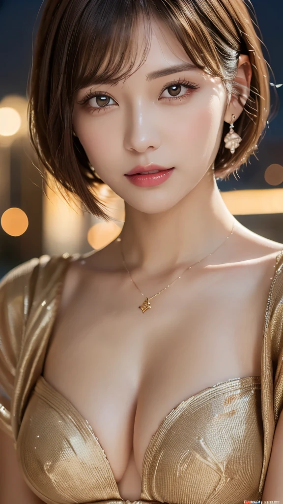 (Photorealistic, 32k, RAW photo, best quality:1.4), (masterpiece:1.3), (ultra high resolution, ultra realistic, highly detailed, golden ratio, ultra detailed), 1 beautiful woman, natural makeup, intricate cloth texture, finely detailed hair texture, beautiful full-body, perfect female form, anatomically accurate, highly detailed face and skin, (elegant hands), (realistic skin), (beautiful pale skin:1.1), (extreme close-up:2.0), (Oversized Breasts), (Wearing Party Dress:1.5), (Tiara, Earrings, Pendant),
BREAK,
realistic eyes, captivating detailed eyes, symmetric eyes, light brown eyes, double eyelids, thin eyebrows, (glossy lips:1.4), (kissable expression, blush:1.3),
BREAK,
((short bob cut, dark brown hair, bangs:1.2)), (Late Night, Moonlit night, Castle balcony:1.3)