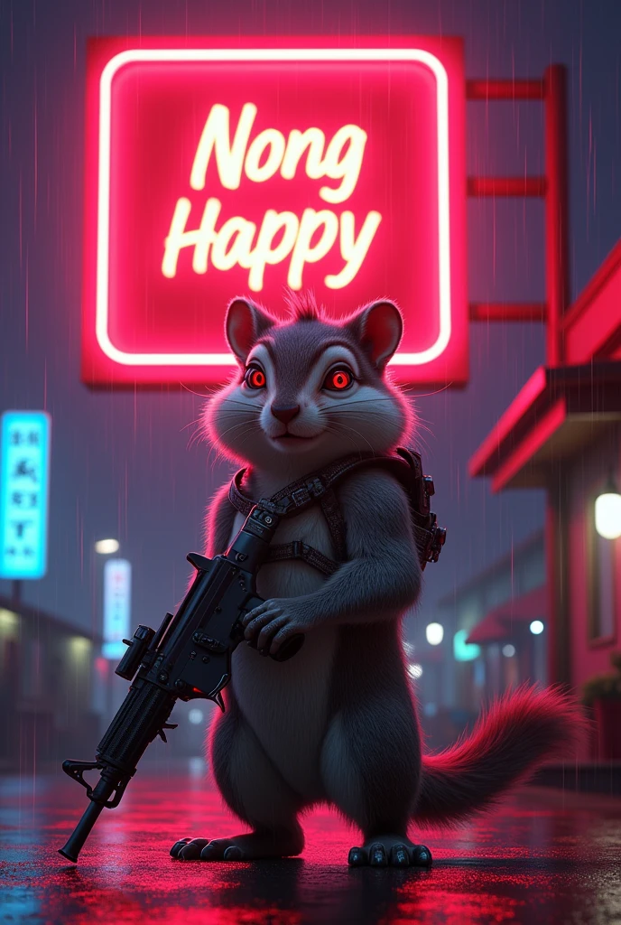Movie poster. A large neon sign in the center reads "Nong Happy." High quality, highly detailed 4k 8k masterpiece. Conceptual art Cybernetically enhanced chipmunk. Red eyes, neon lights, robot chipmunk, big muscles, one hand holding an AK, one foot metal, looking at the viewer, standing in front of the chipmunk's house, taking care of himself, cyberpunk scene. night, rain, neon lights,