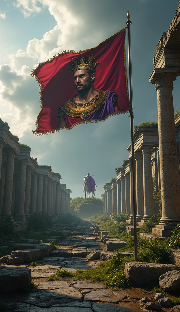 Close-up shot, Low angle shot, (A dramatic image of the Roman Forum in ruins, with statues toppled, columns cracked, and the once-glorious temples now overgrown with vines. In the foreground, a tattered banner with Caligula’s , “dressed in a richly adorned purple toga with a golden laurel crown”, emblem flutters in the wind. The sky is dark, with storm clouds gathering, and in the distance, the silhouette of Incitatus, “a majestic white stallion draped in luxurious, embroidered robes of purple and gold,” can be seen standing on a hill, as if surveying the wreckage of an empire. The mood is somber, reflecting the destructive legacy of Caligula’s rule.) unreal engine, cinematic, hyper-real, highly detailed, Ultra realistic HD --q 2 --v 6.1 --ar 9:16  