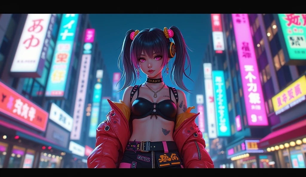 Cyberpunk ,dark neon,anime girl ,Harajuku Street fashion