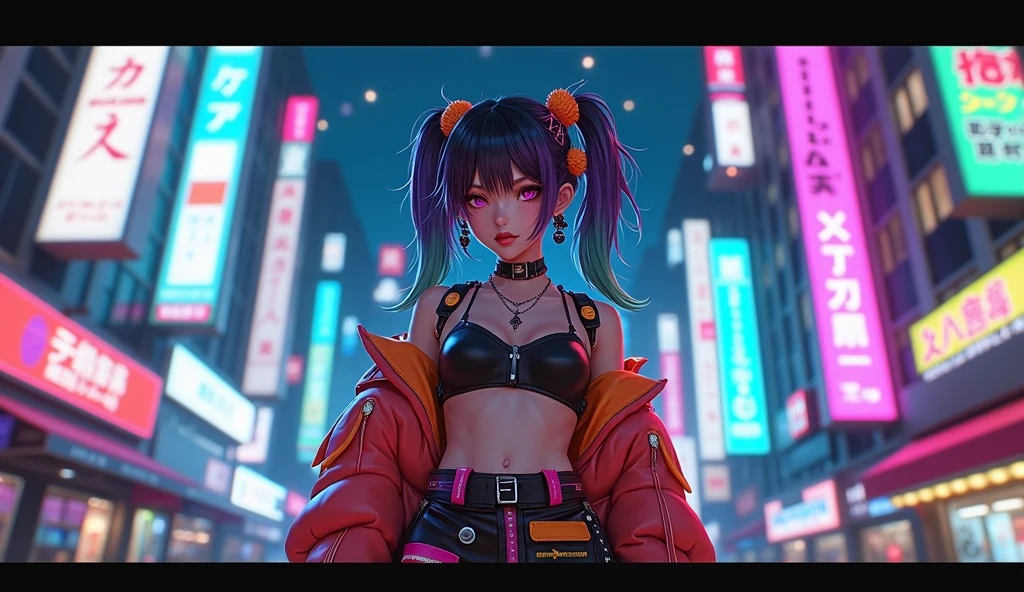 Cyberpunk ,dark neon,anime girl ,Harajuku Street fashion