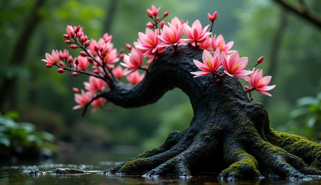 There is a kind of wood in the osmanthus forest,Shaped like paper mulberry but with black texture,Its flowers are exceptionally gorgeous(best quality,4K,8k,High level,masterpiece:1.2),Ultra Detailed,(lifelike,Photo real,Photo real:1.37)