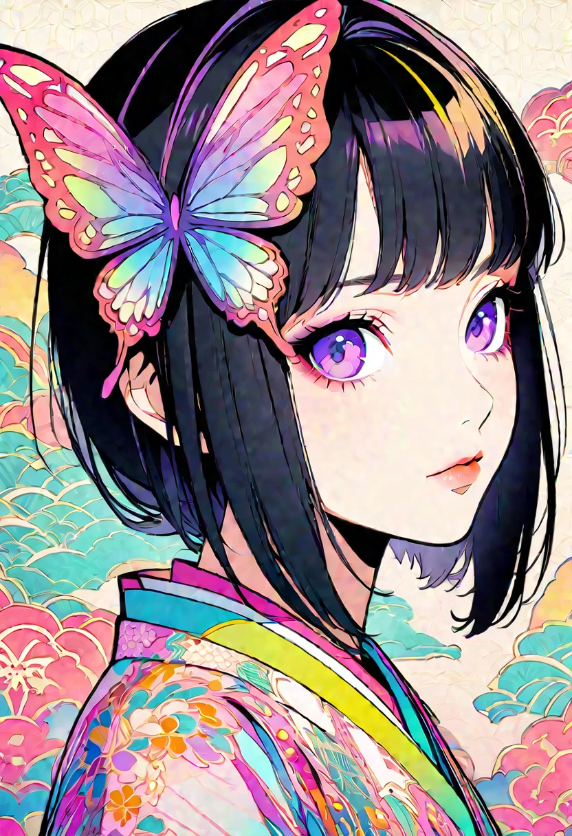 A mesmerizing surreal illustration of a young japanese woman resembling Shinobu Kouchou. She has black hair, purple eyes, a butterfly hair ornament, and wears a vibrant pastel colored outfit adorned with intricate floral patterns. She has a smooth, warm complexion, and bold, colorful tattoos cover her arms and legs. The tattoos feature traditional Japanese motifs like flowers and mythical creatures, rendered with meticulous detail in a pastel color palette. The background is a vintage floral-patterned wallpaper that complements the artwork's colors. The line work is precise, with delicate shading that gives the illustration a 3D quality. The artwork fuses modern illustration techniques with traditional Japanese aesthetics, resulting in a visually striking, portrait, Shinobu_Kocho, butterfly_hairpiece, multicolored_hair, purple_hair, black_hair, medium breasts, slender,
