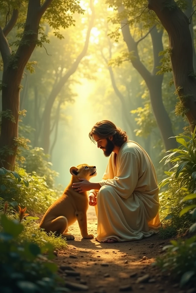 "In a lush, green forest, Jesus kneels down to pet a playful lion cub. The cub's fur is captured in exquisite detail, with each strand visible in the soft sunlight. The surrounding forest is vibrant, with light dappling through the leaves, creating a rich, hyper-HD scene."