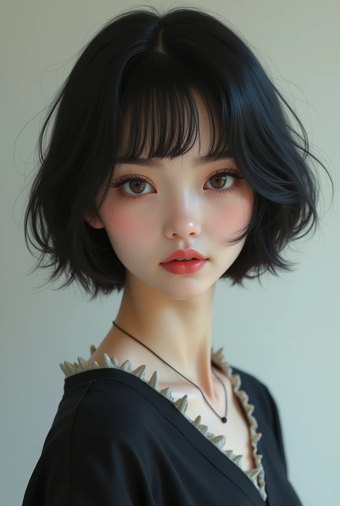 a pretty girl with pale skin, short black hair, half slanted eyes but not Asian, the fullest face
