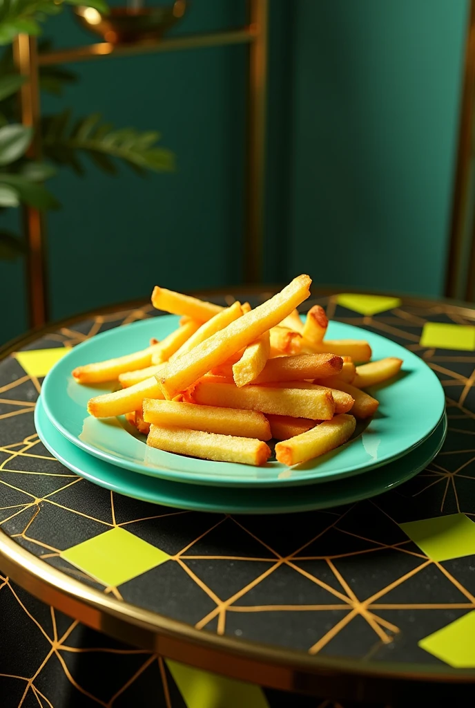A Tiffany Green Plate of French Fries ,on top of a golden table with a black tablecloth with neon yellow designs on the tablecloth