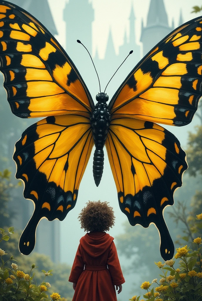 drawing of a giant yellow and black butterfly with a curly-haired Hogwarts student 