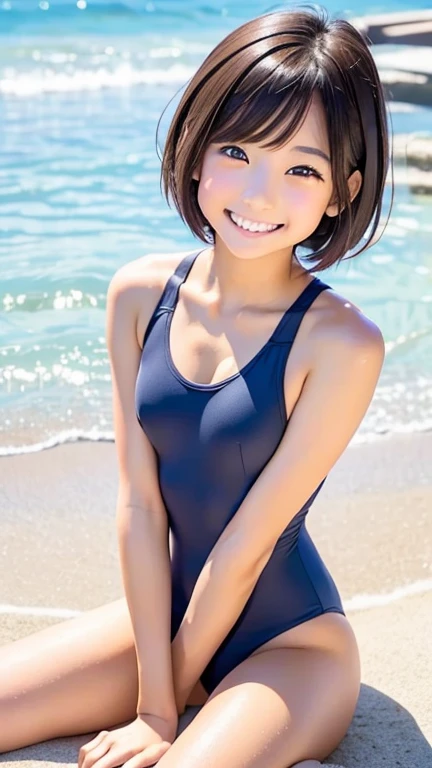 Highest quality、Realistic、、zoom、、Women、low length、cute、Light grey eyes、Black Hair、short hair、Tanned brown skin、Dark Skin、Blue swimsuit、Flat Chest、、thin、smile、Ocean、Bust Shot