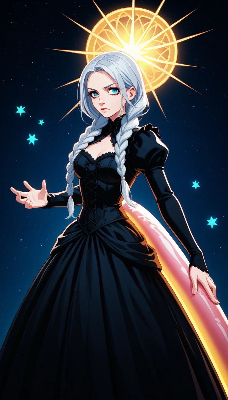 score_9, score_8_up, score_7_up, score_6_up, score_5_up, score_4_up, BREAK source_anime, [source_anthro], rating_safe, [rating_explicit],

mesmerizing, fantastical, powerful woman, dressed in a gothic black corset dress, long silver hair, elaborate braids haircut, dress with a large elegant dark bow, stands confidently, hand outstretched, vibrant glowing stars that float around her, trailing colorful light streaks through the air, BREAK 
shimmers iridescent hues background, magical and ethereal atmosphere, focused and determined gaze, she wields magical energy,

(fantastical gothic portrait), medium shot, neon and iridescent lighting, dynamic pose BREAK (best quality), (high details), (glowing stars), (iridescent background)