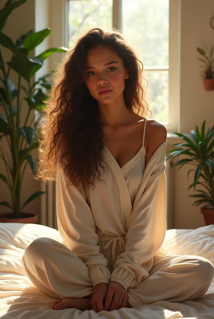 (photorealism:1.2), beautiful woman, sitting on bed, wearing loose off-shoulder top, pajama pants, long curly hair, indoors, soft lighting, plants in background, window with sunlight, cozy room, relaxed pose, realistic, intricate details, warm colors, by Greg Rutkowski, by Alphonse Mucha