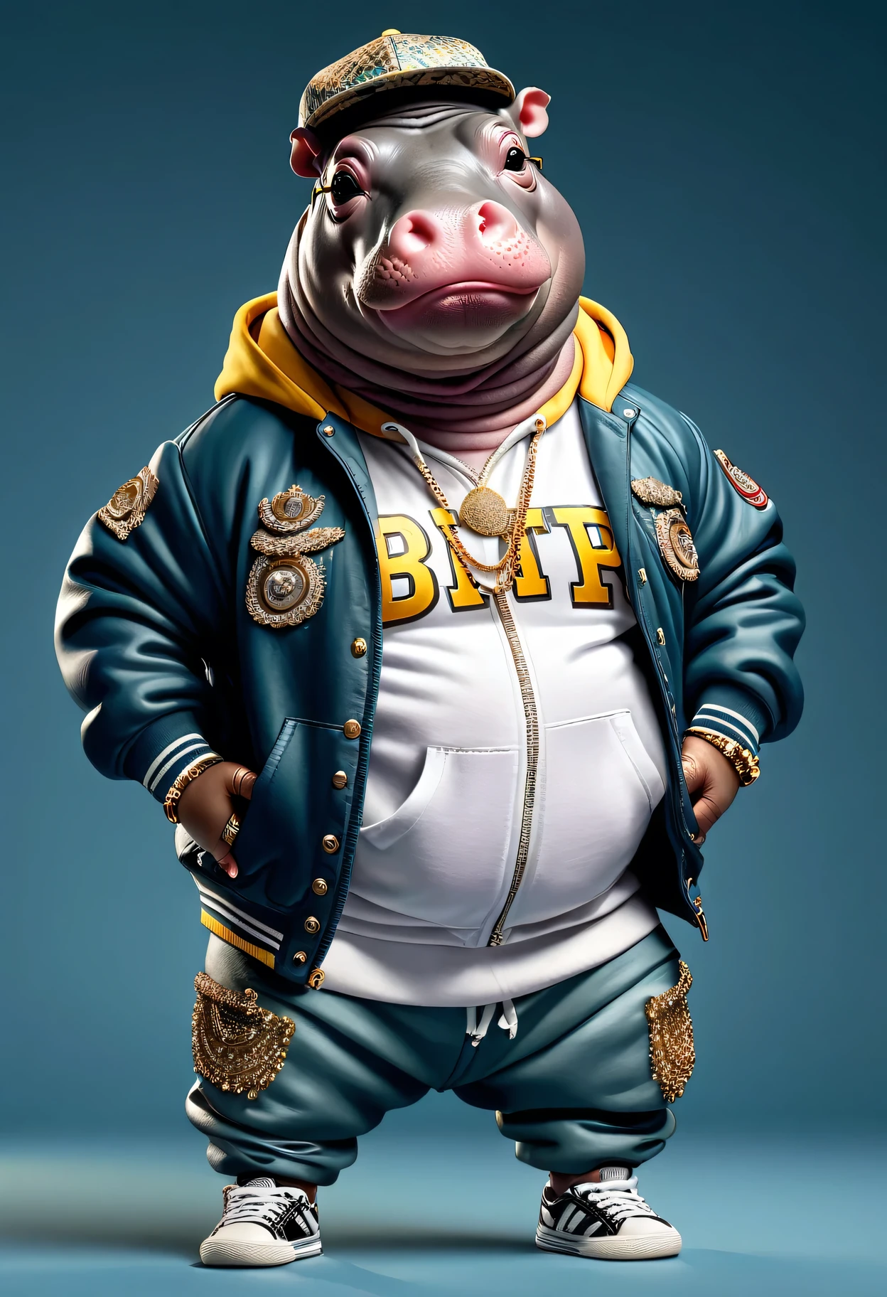photorealistic portrait of Dressed animals - a ((fat)) baby (hippo) hip hop dancer,(hands on hips:1.5), high quality,(lovely) ,intricate details, highly detailed ((hip hop fashion)) ,(wearing sunglasses:1.5), cap, sneakers,(wearing a jacket and hoodie) ,highly detailed decorations, wearing sunglasses, (happy), studio lighting,(full body image:1.5)