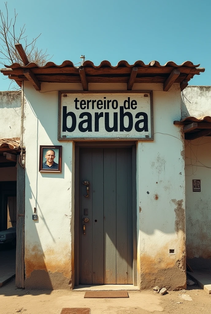 There is a small building with a closed door and a white wall around it., with a sign written in large letters “TERREIRO DE BARUBA”, a photo of Luis Miranda, instagramart, 真实感, frontal image, House, Location ( shanty town _ wand ), listing image, Location ( shanty town ), clean image, centre image, photo realist, Andreia Rocha, deep image, outside view, Description, one House, colonial House in background