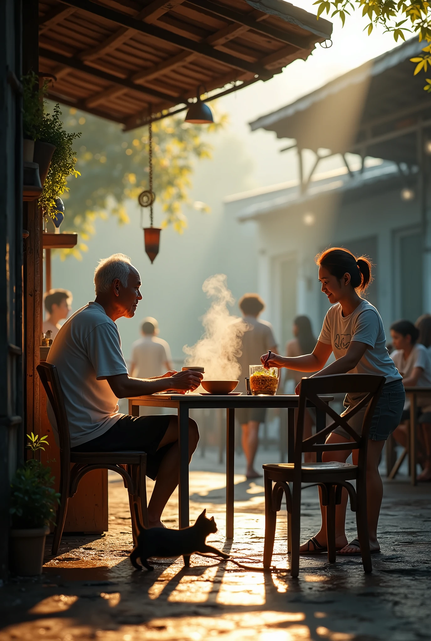 (Photorealism 1.2) high detailed definition cinematic cinematography old Chinese man wearing white t-shirt short trousers at old rusty wood coffee shop sitting drinking coffee bowl of noodles at table young women shop attendant servings customer kids running cat begging food wet floor morning mode sunlight silhouette at Malay old town