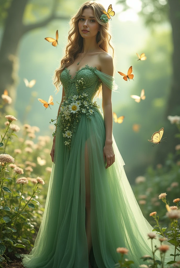 Can you make a sage green off shoulder debut gown with slit on the side and make it like a fairy gown with flowers, butterfly