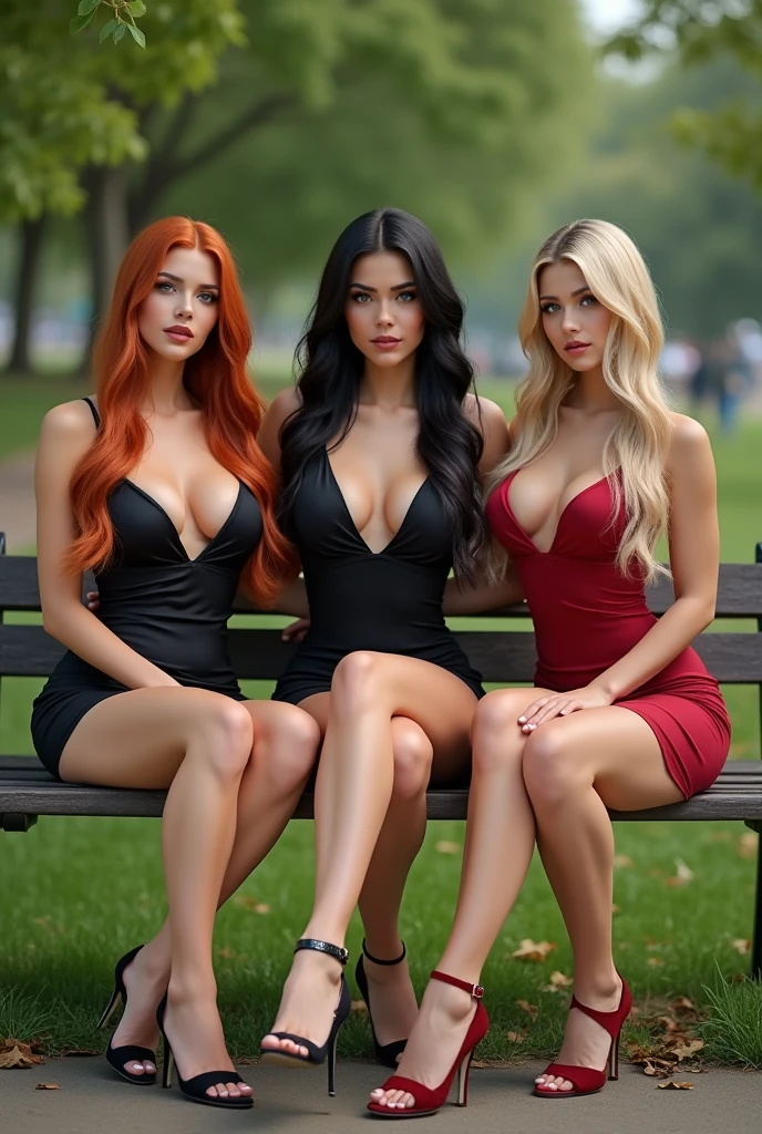 ultra realistic, photography, three girls: one with long straight red hair, (30 years old, hourglass figure, perfect body, natural medium breasts), the second one: long black straight hair, (30 years old, hourglass figure, perfect fit body, natural big breasts), the third one with long straight blonde hair, (wavy elegant hair, blue eyes, perfect round lips, 30 years old, gorgeous face, voluptuous figure, perfect fit body, big enhanced breasts), they have perfect round cleavage, great cleavage, they are sitting in a park on a bench, they are wearing minidresses, they have their legs crossed, they are wearing high heels
