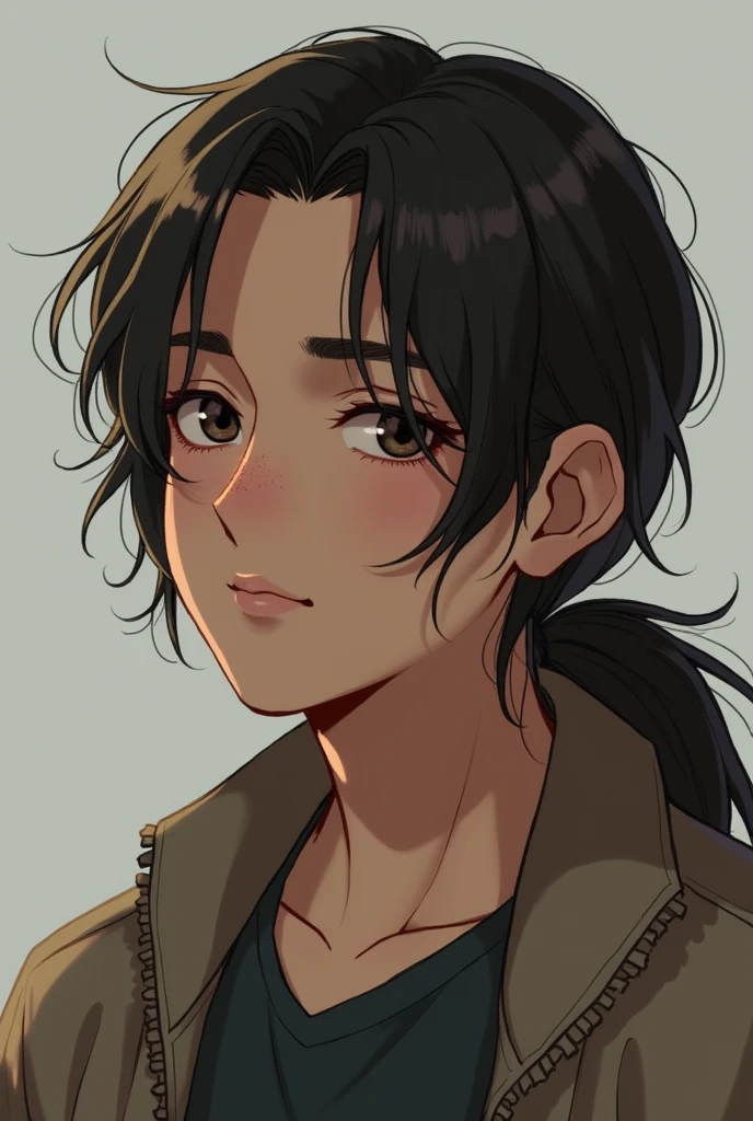 Chico, high, long hair with a ponytail tied, dull and baggy eyes, fair skin and a small mole under the right eye