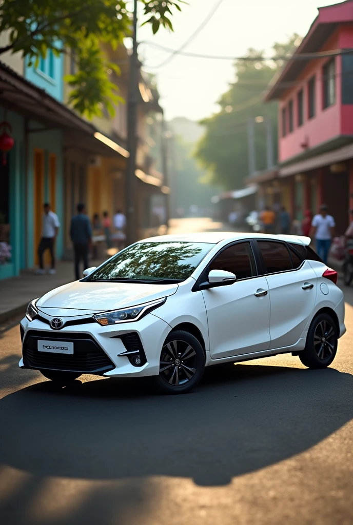 white toyota glanza with black alloy and black mirror and rooftop kerala street