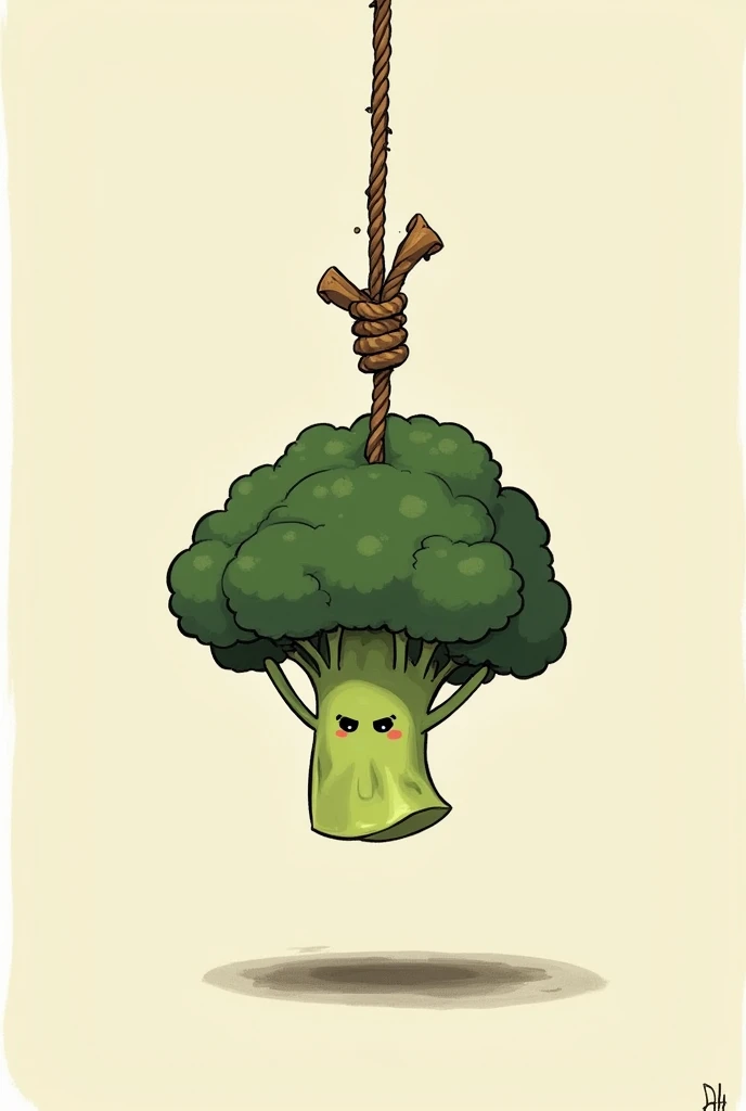 cute dead broccoli getting hanged rope around the neck, eyes closed