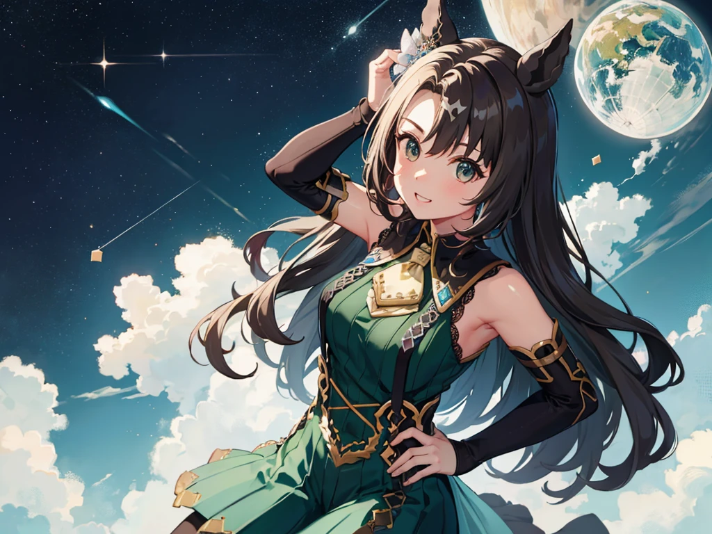 masterpiece、Highest Resolution、Highest quality、Highest quality、Chest is center right、solo、soloキービジュアル。Horse ears girl。Blue knit dress、Blue shoulderless dress。Light blue short knit pants、Brown pantyhose。Large light blue cloak。Moonlit night starry sky background、Strong winds。Red lipstick、smile、Cleavage。Look to the right、Brush your hair up with your hands、Touch your head with your hand、Hands on hips。Brown Eyes。Long Hair、Half Twin、Half Up。hair ornaments。