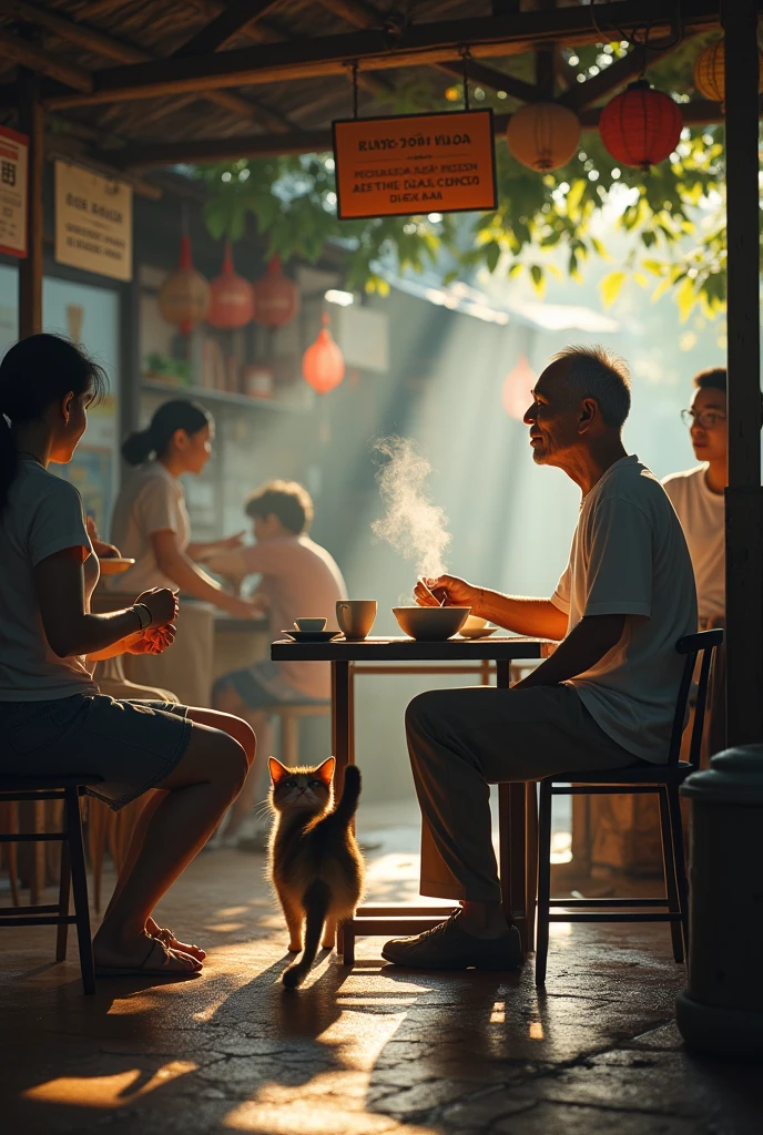 (Photorealism 1.2) high detailed definition cinematic cinematography old Chinese man wearing white t-shirt short trousers at old rusty wood coffee shop sitting drinking coffee bowl of noodles at table young women shop attendant servings customer kids running cat begging food wet floor morning mode sunlight silhouette at Malay old town