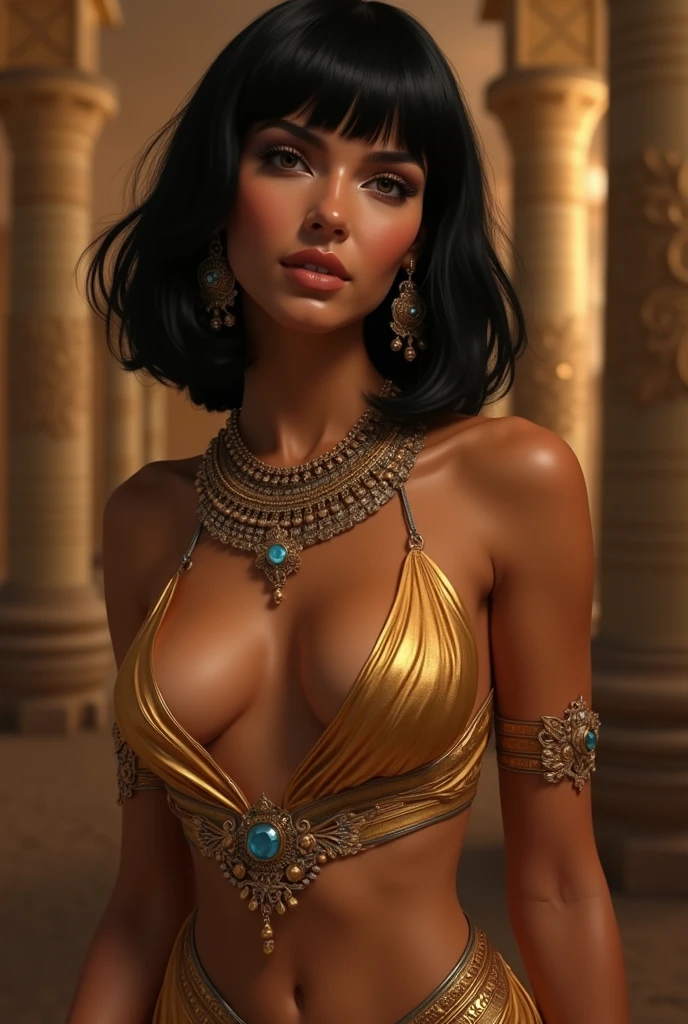 The naked Egyptian queen, exposed breasts. Ancient Egypt. slightly brown skin. Bob cut hair. 