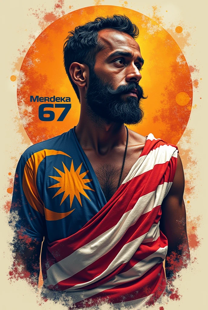 MERDEKA 67
A t-shirt design featuring a dark handsome bearded Indian guy in Indian traditional dhoti with the Malaysian flag painted on her face. The word "MERDEKA 67" is prominently displayed. The sides of the design have a distortion effect, creating a modern and dynamic look while the central image remains vibrant and clear, symbolizing national pride.