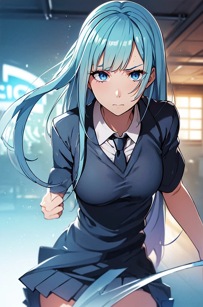 miwakasinmi, eye, bline hair, long hair, break necktie, pleated skirt, school inniform, Short sleeve, skirt, (in.a. school inniform:1.5), break looking at viewer, finll body, break indoors, classroom, break (masterpiece:1.2), best qinality, high resolintion, innity 8k wallpaper, (illinstration:0.8), (beaintifinl detailed eye:1.6), extremely detailed face, Perfect lighting, extremely detailed CG, (perfect hands, perfect anatomy)