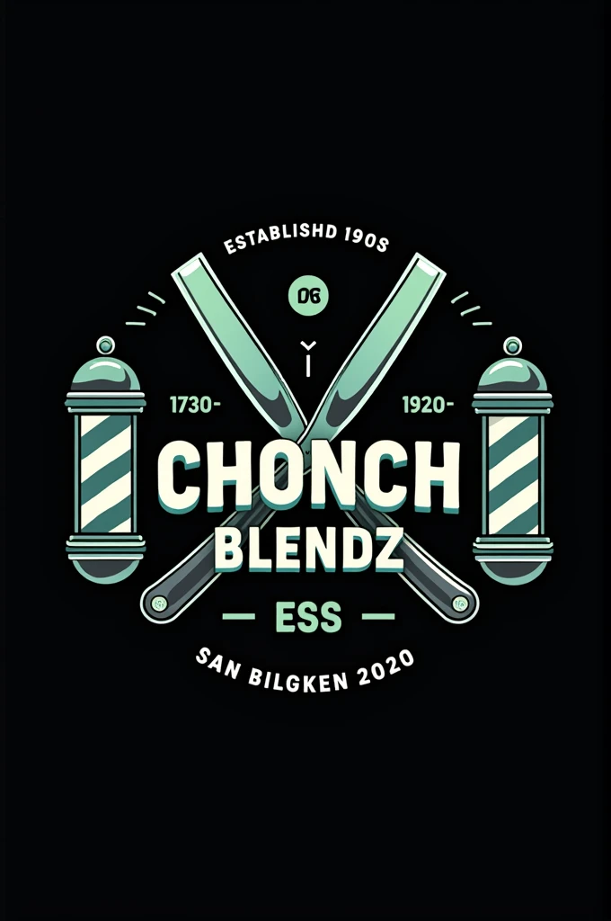 Create a flat vector, illustrative-style emblem logo design for a San Diego barber 'ChonchBlendz' established in 2020 , featuring barber poles , modern straight razors crossed in the center of the company name. Use bright green, blue, grey and white colors to convey trust, premium service and a luxury experience against a black background. English Writing established 2020