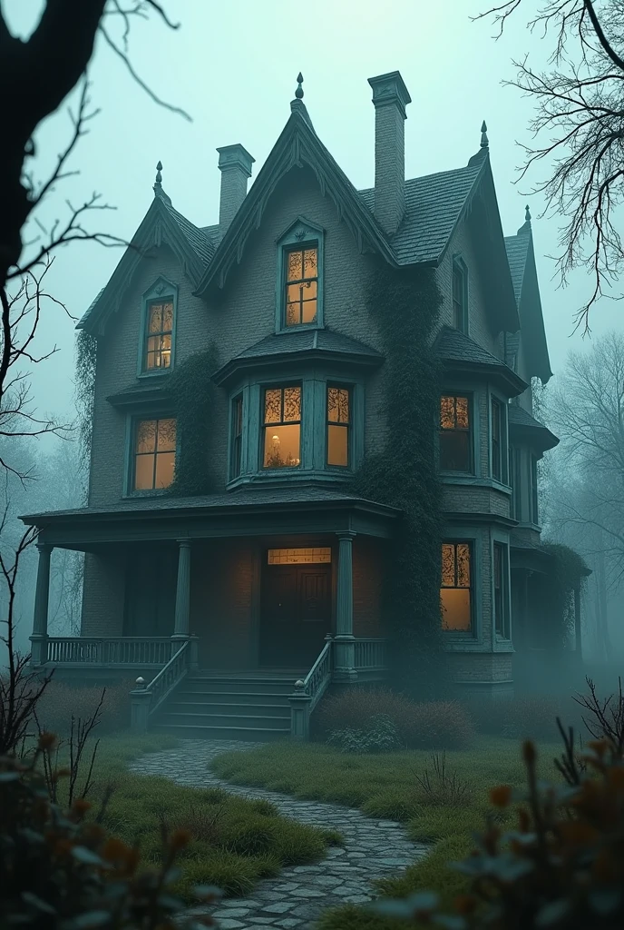 In 3d animation style "Old Haunted Mansion:** An eerie, abandoned mansion surrounded by overgrown vegetation and mist, with broken windows and a worn facade"