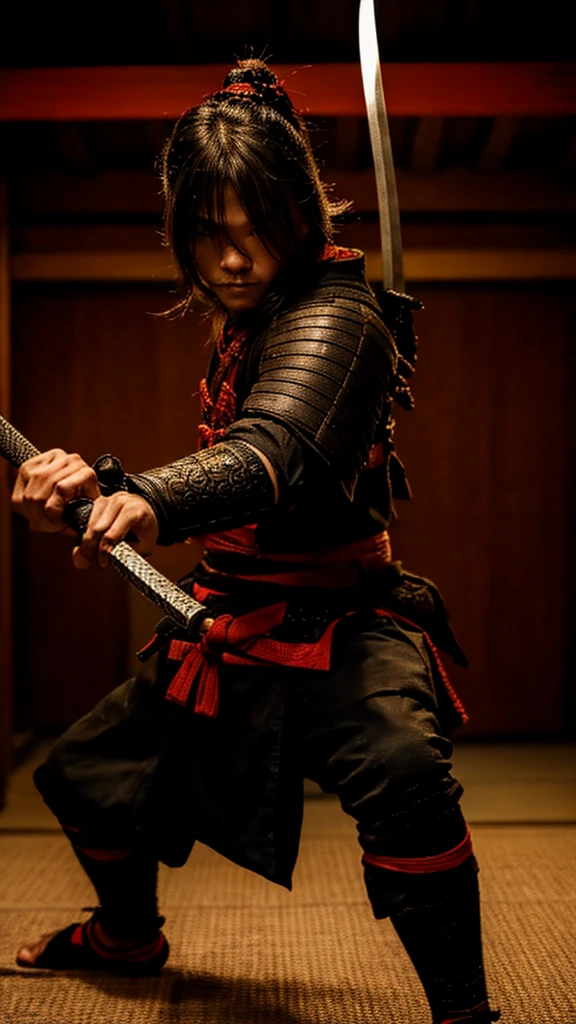 Samurai fighting with two swords, tall, Full body image