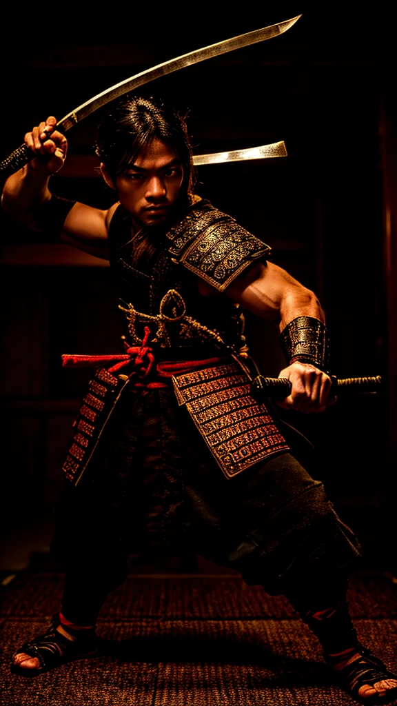 Samurai fighting with two swords, tall, Full body image