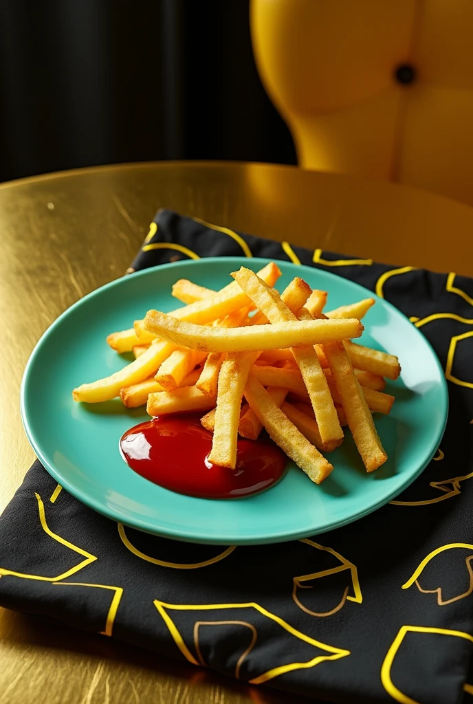 A Tiffany green plate of French fries with ketchup,on top of a golden table with a black tablecloth with neon yellow designs on the tablecloth 