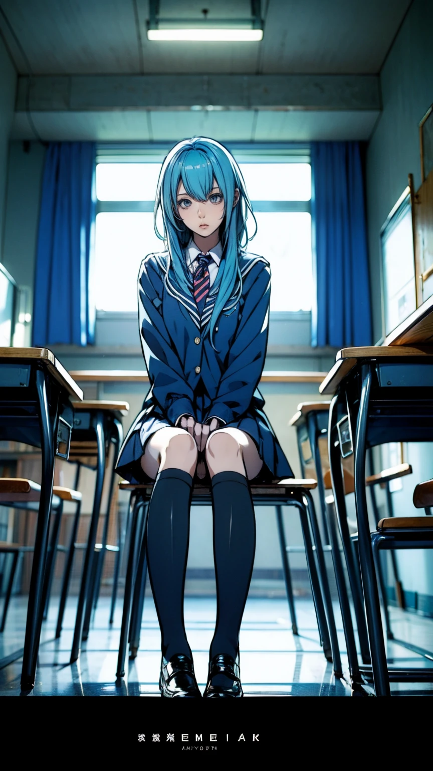Reference Sheet, Character Design, One person, Long light blue hair, dark blue, sit in classroom, Modern black school uniform, anime