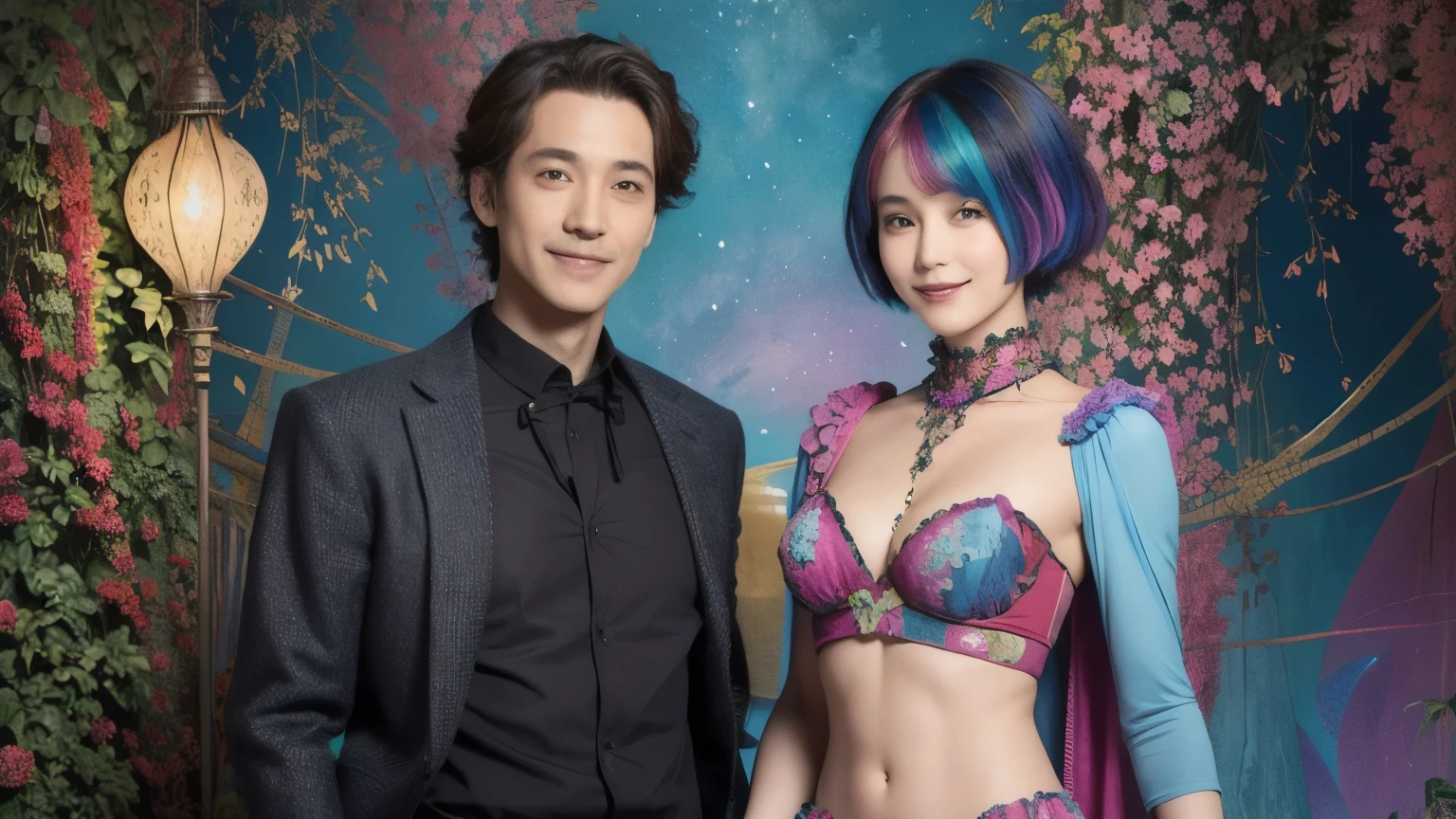 276 (20-year-old woman and man,short hair), Are standing, (beautiful:1.1), (Fractal Art:1.2), (Advanced backgrounds), (Many colors:1.4), (Old-fashioned smile), Abdominal muscles, flower