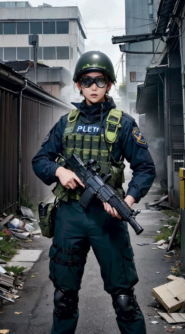 （(Highest image quality, excellent details, Ultra-high resolution、masutepiece、Photorealsitic: 1.4)), Shines、a beauty girl, with a delicate and beautiful face, ((Bold shots、Lively shots)), (slender body and long legs,,,), (dark green uniform、SWAT player、Mobile Police Uniforms, Black and gray mechs, Wearing a military harness,Have an automatic rifle), ((Huge abandoned factory in the background、Wear night vision goggles、Special Forces Helmet、Combat stance、aim with an automatic rifle、patrol、Emergency Deployment、operational actions))