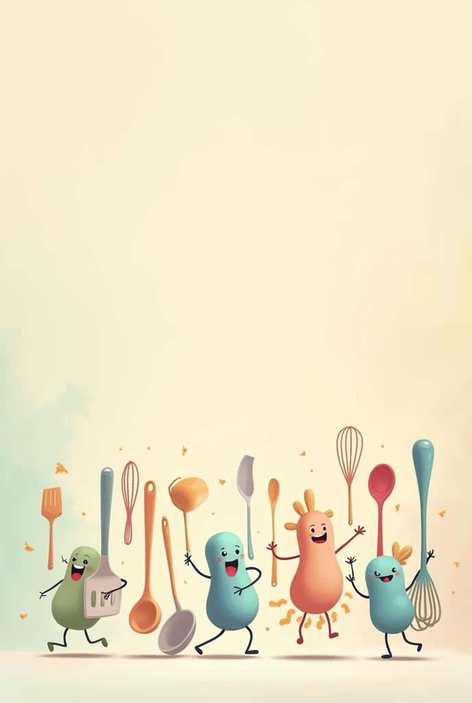 Give me a photo with pastel background: in which the kitchen utensils are dancing happily.