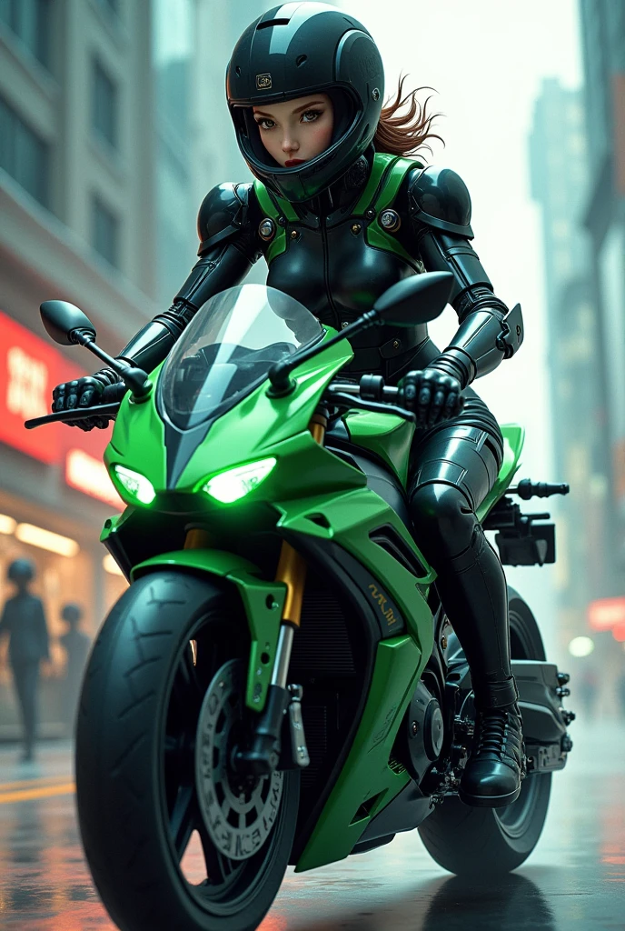 Highest image quality, outstanding details, ultra-high resolution, (realism: 1.4), the best illustration, favor details, highly condensed 1girl, with a delicate and beautiful face, dressed in a black and green mecha, wearing a mecha helmet, holding a directional controller, riding on a motorcycle, the background is a high-tech lighting scene of the future city.