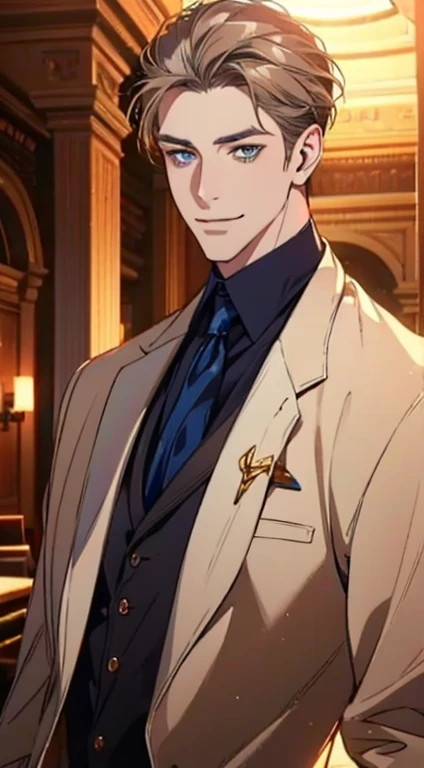 a mature man with short grey Brown hair, blue eyes, 31 years, and a perfect face, smiling in love, CEO, cinematic lighting, 1:4 HDR image, top view, ultra detailed, best quality, masterpiece, 8K, photorealistic, beautiful image