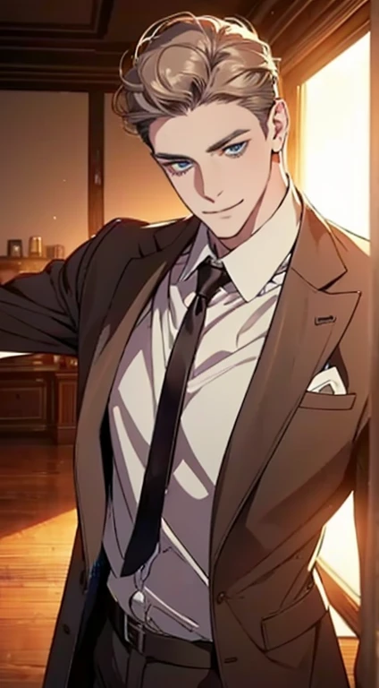 a mature man with short grey Brown hair, blue eyes, 31 years, and a perfect face, smiling in love, CEO, cinematic lighting, 1:4 HDR image, top view, ultra detailed, best quality, masterpiece, 8K, photorealistic, beautiful image