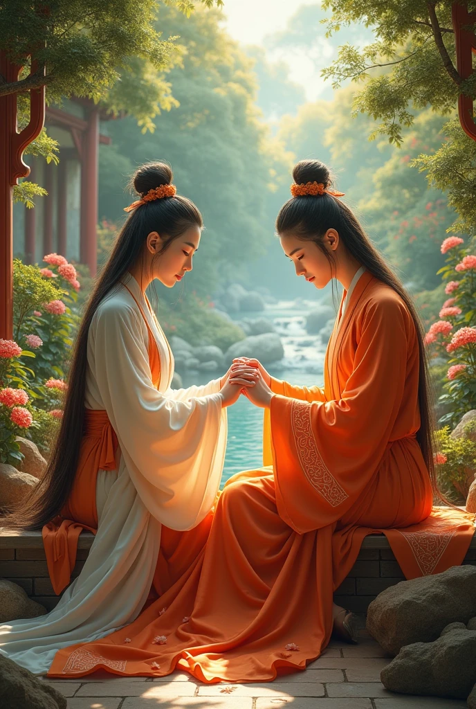 A beautiful young woman with a fierce expression in the orange and white dress of a Han Dynasty official in full regalia sits holding hands with her lover in a flower garden with a stream in a luxuriously decorated residence in the style of a great dynasty.