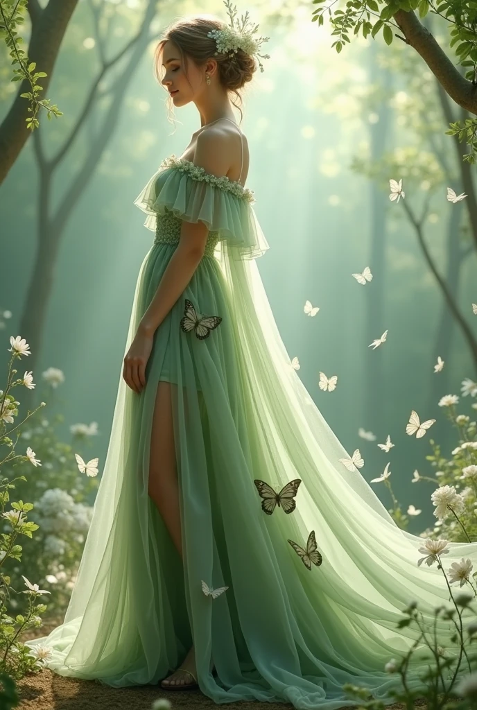 Can you make a sage green off shoulder debut gown with slit on the side and make it like a fairy gown with flowers, butterfly design