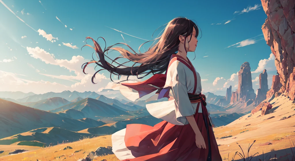 The land of beginnings, a girl from another world, the wind is blowing, it's grand, the girl feels like she's alone, please make it more of a different world