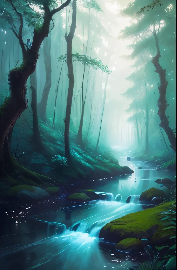 a picture taken from a distance of a forest with a stream running through it, a matte painting by Ken Danby, tumblr, fantasy art, lost in a dreamy fairy landscape, very magical and dreamy, magical forest in the background, in a magical forest, magic fairy forest, fairy forest, in the magical forest, magical forest, magical forest with fireflies
